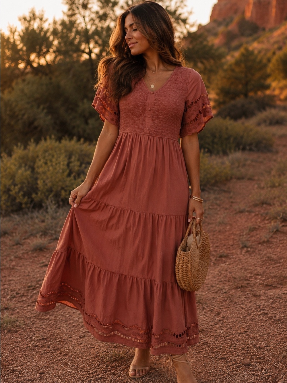 Boho Tiered Maxi Dress in Rust with Eyelet Trim